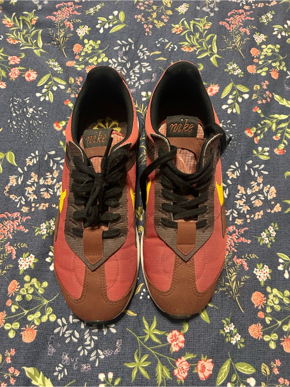 Nike Men’s Sneakers in Rust Red with Yellow Swoosh